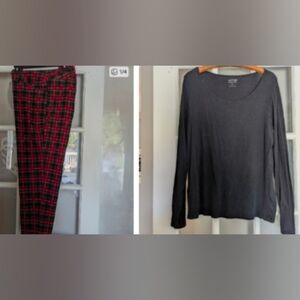 Terra & Sky Bold Red Plaid Pants & Black Stretchy Long‑Sleeve Top Set | 2X Pants